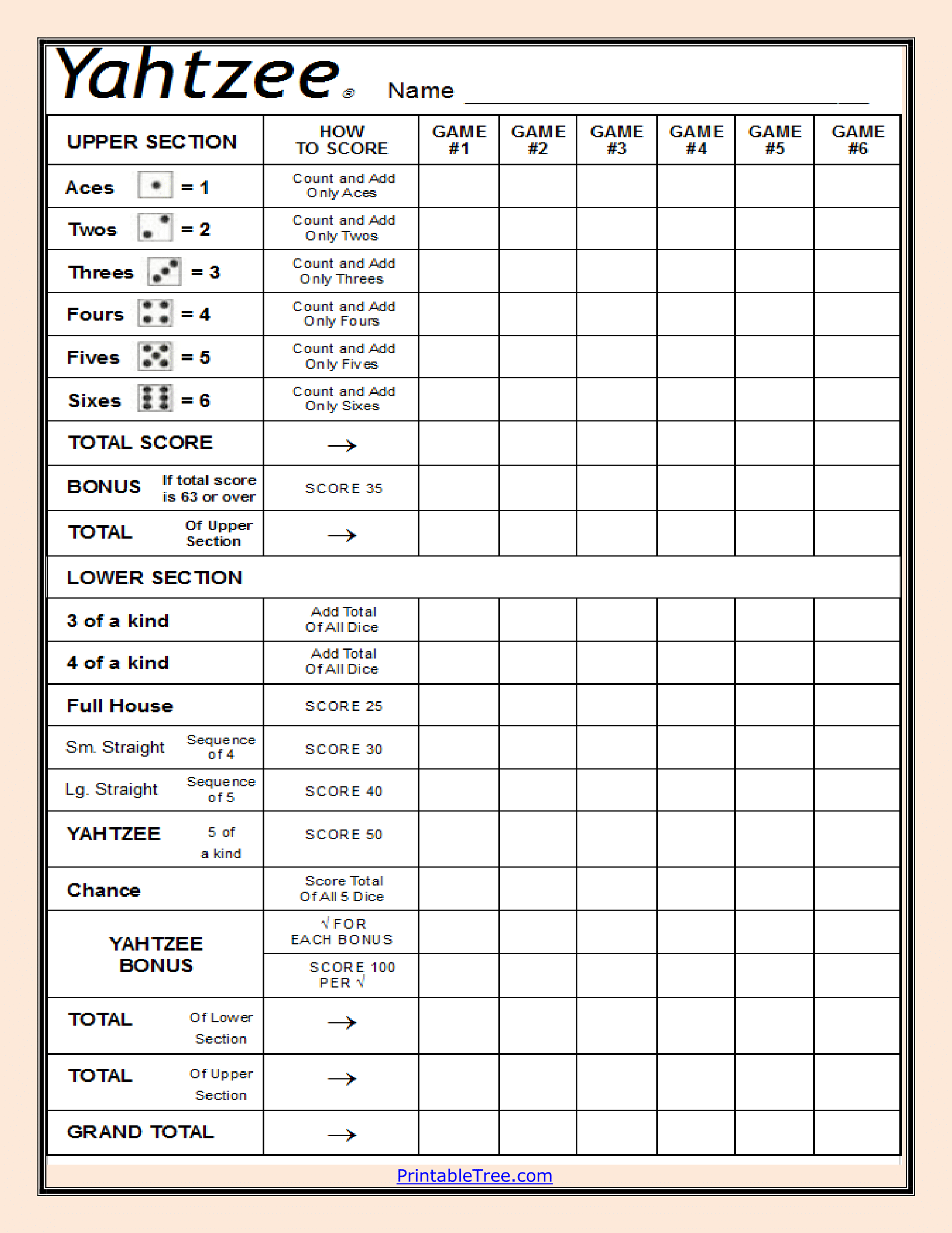 Yahtzee Score Card Free Printable