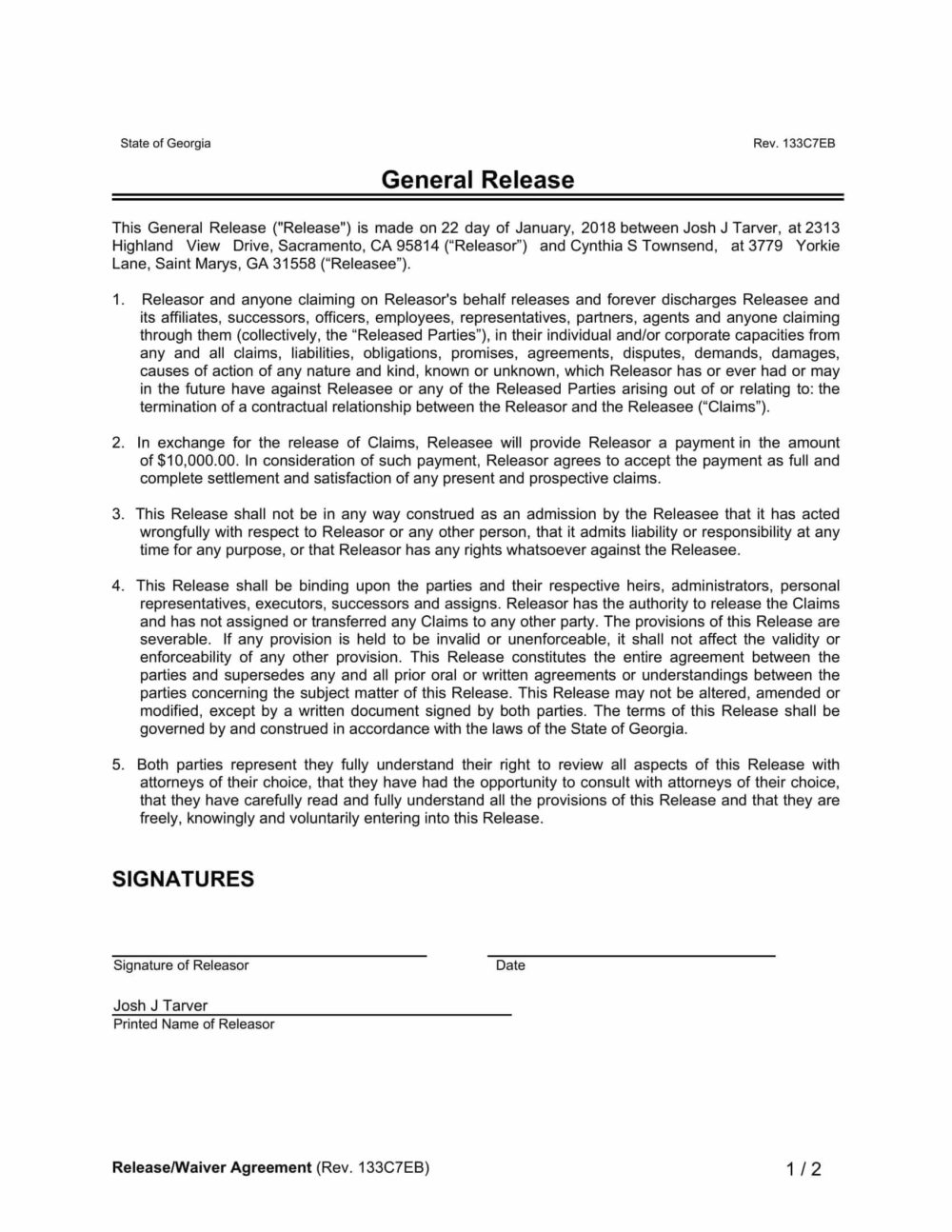 Free Waiver And Release Of Liability Form