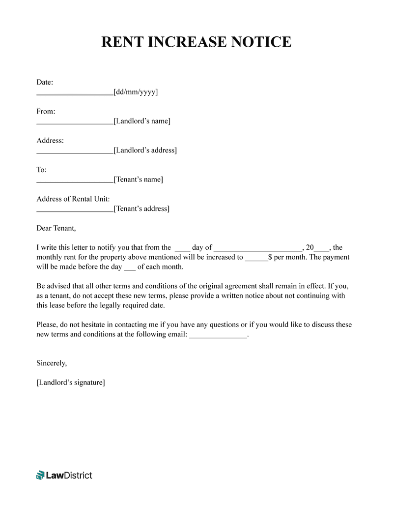 Free Rent Increase Notice PDF Word Sample 2024 LawDistrict