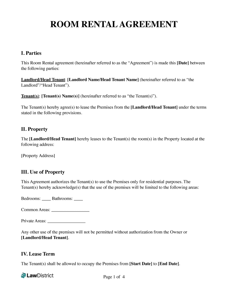 Room For Rent Lease Agreement Template