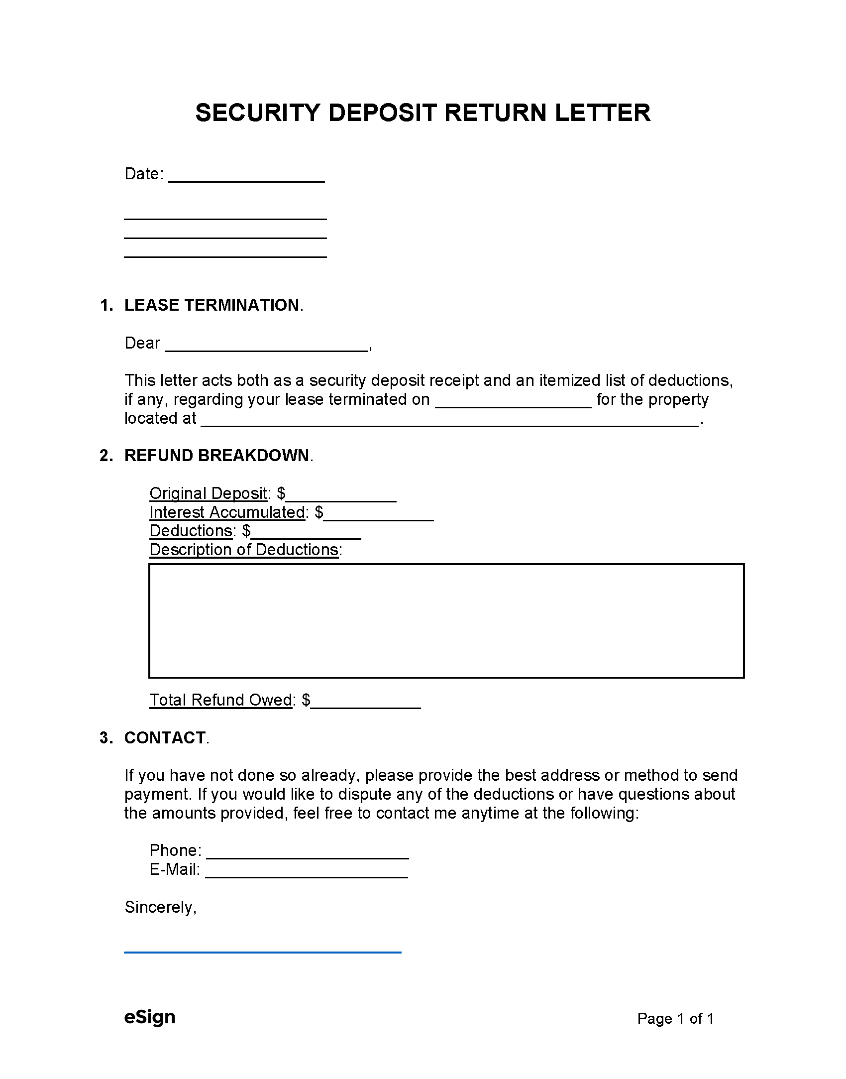 Free Security Deposit Return Letter PDF Word