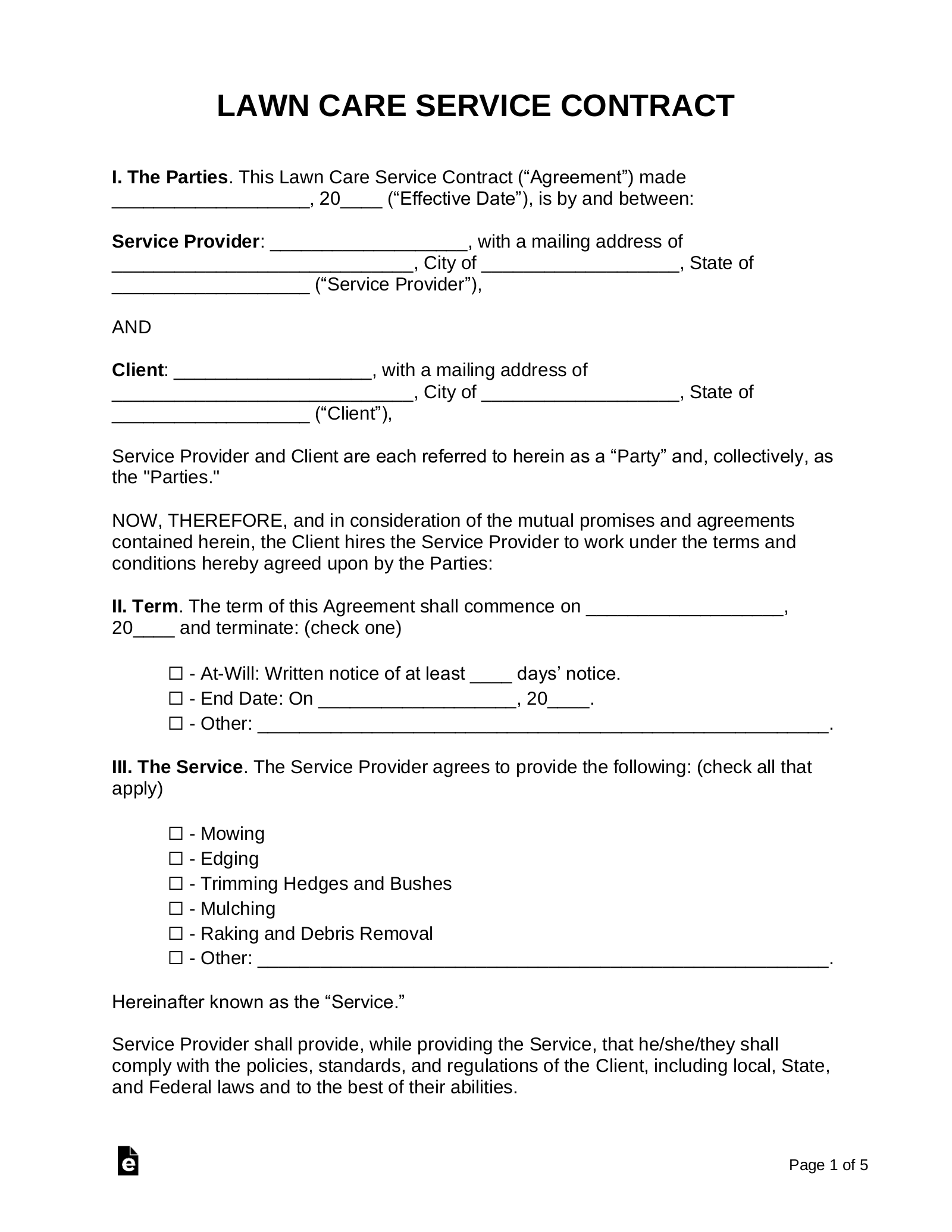 Lawn Service Contract Forms Free