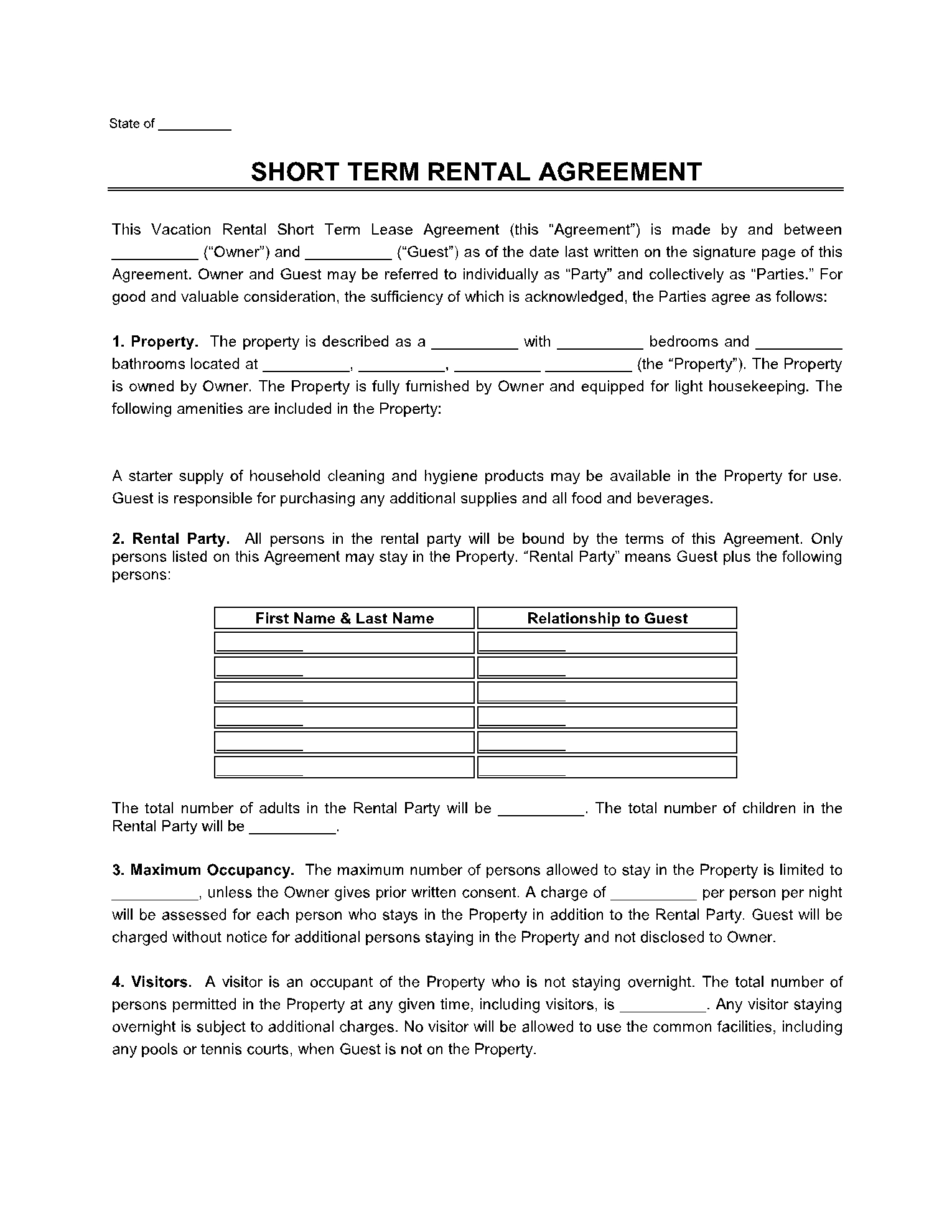 Free Short Term Rental Agreement