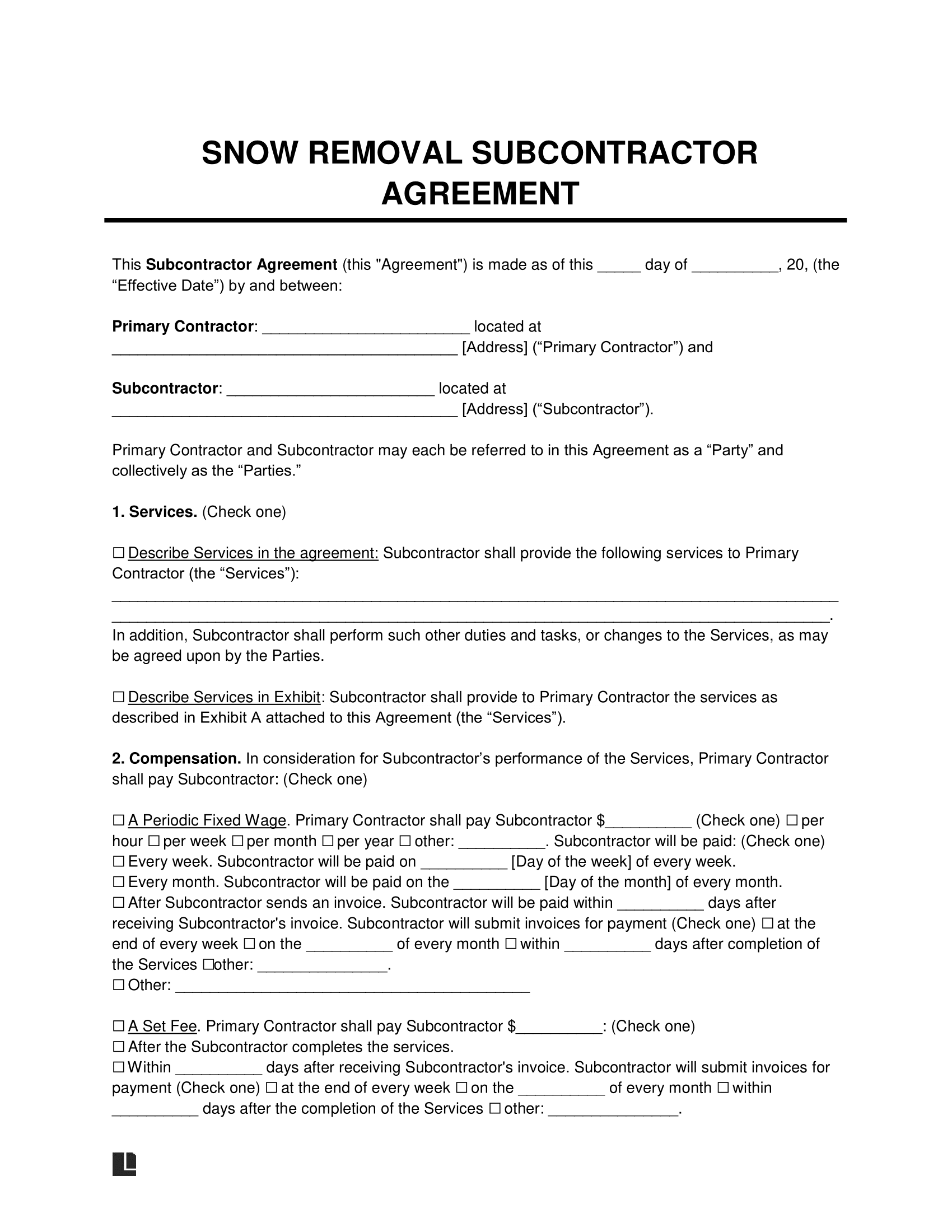 Free Snow Removal Plow Subcontractor Agreement Template