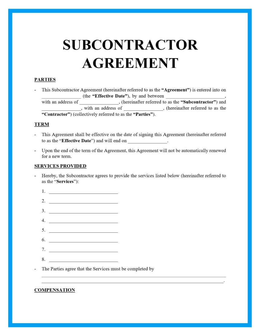 Agreement Between Contractor And Subcontractor Sample