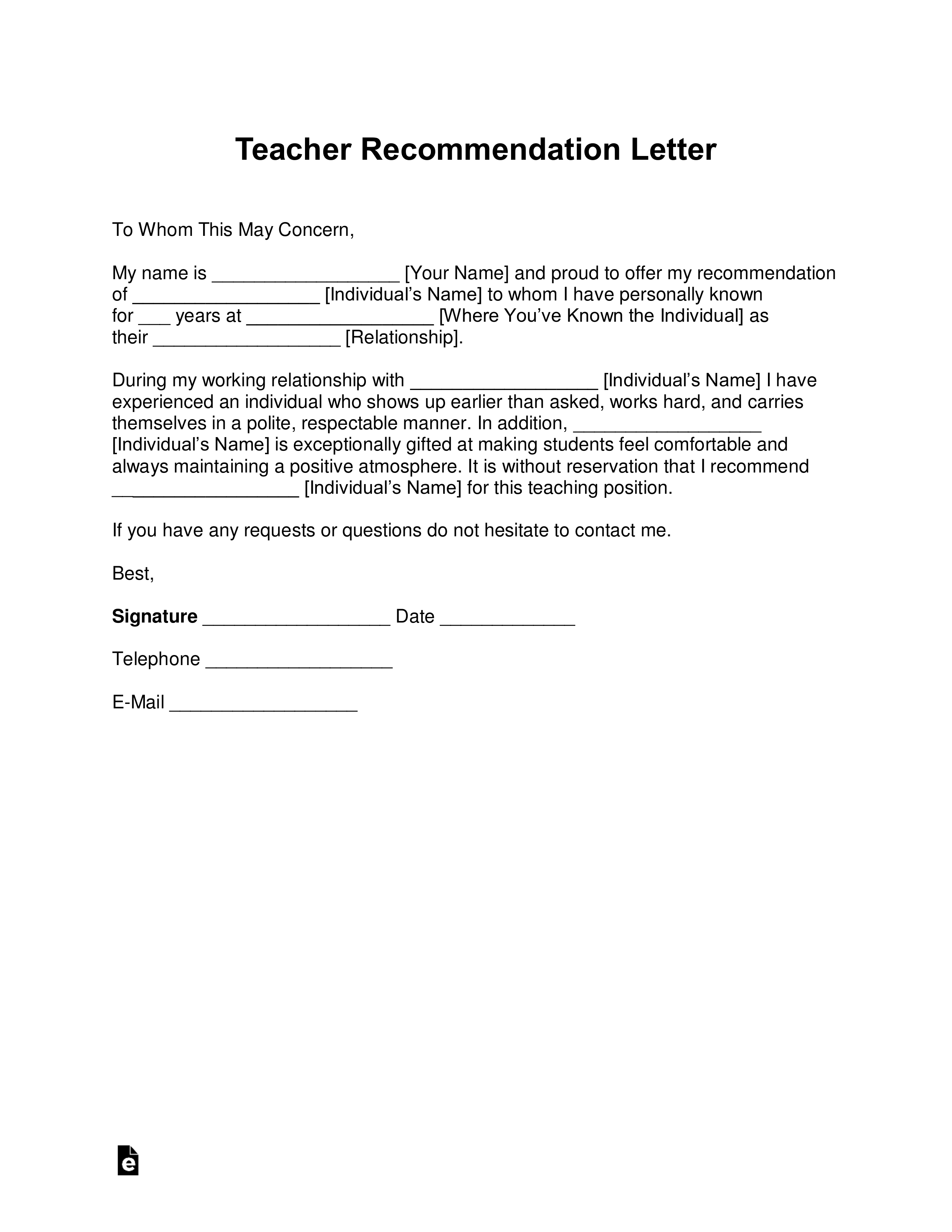 Student Recommendation Letter From Teacher