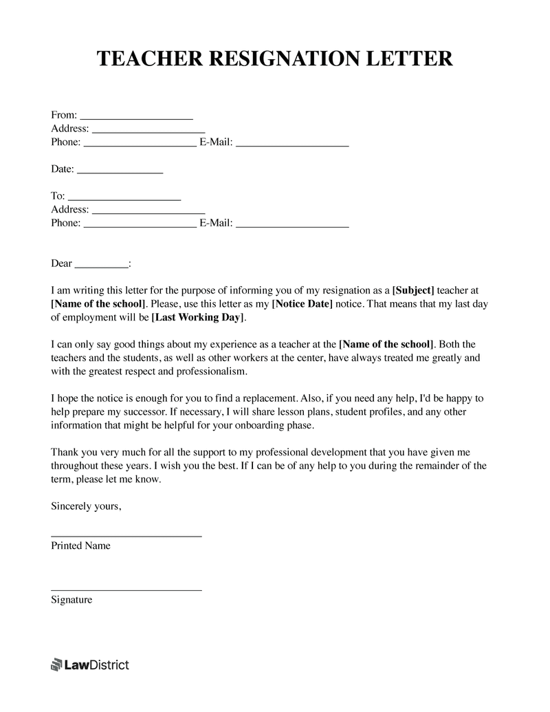 Teacher Resignation Letter To Principal Pdf