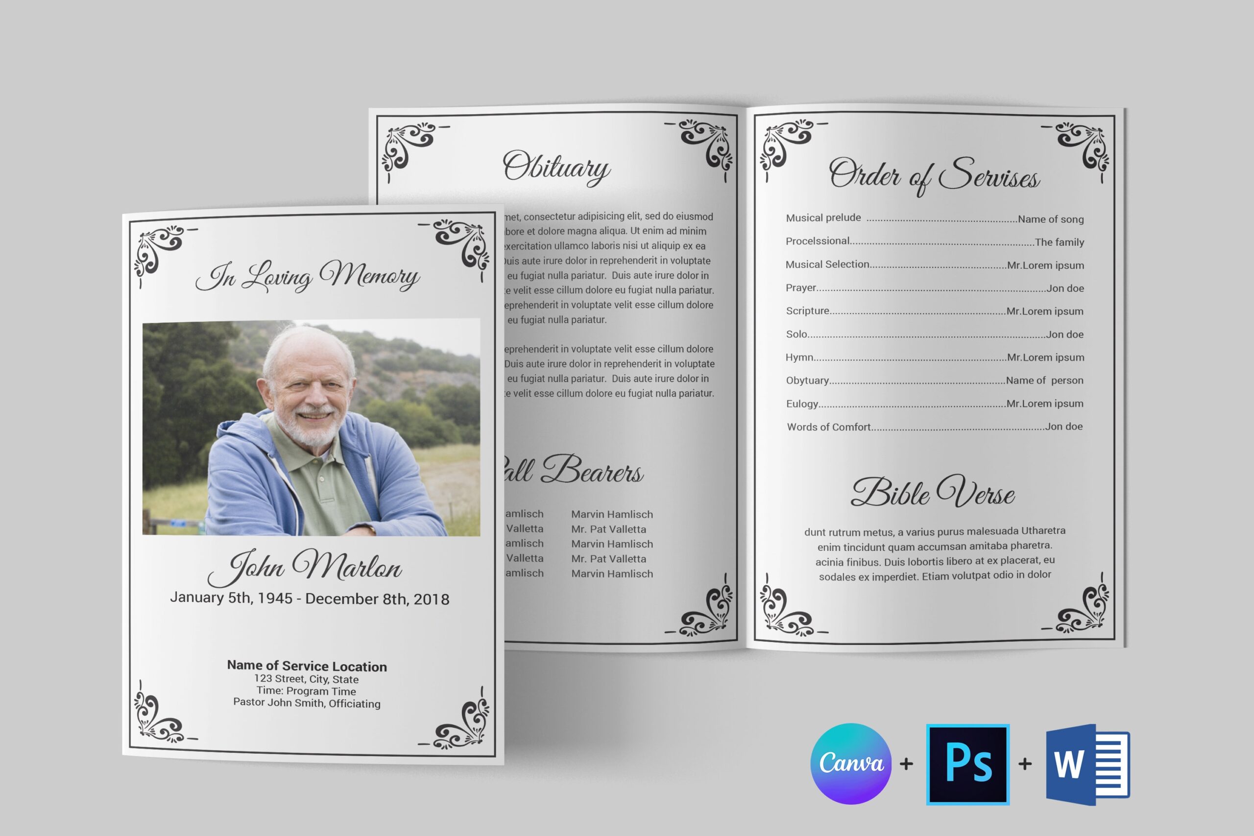 Funeral Program Template Funeral Program Template Word Funeral Program Bifold Memorial Program Obituary Template Canva Template Etsy