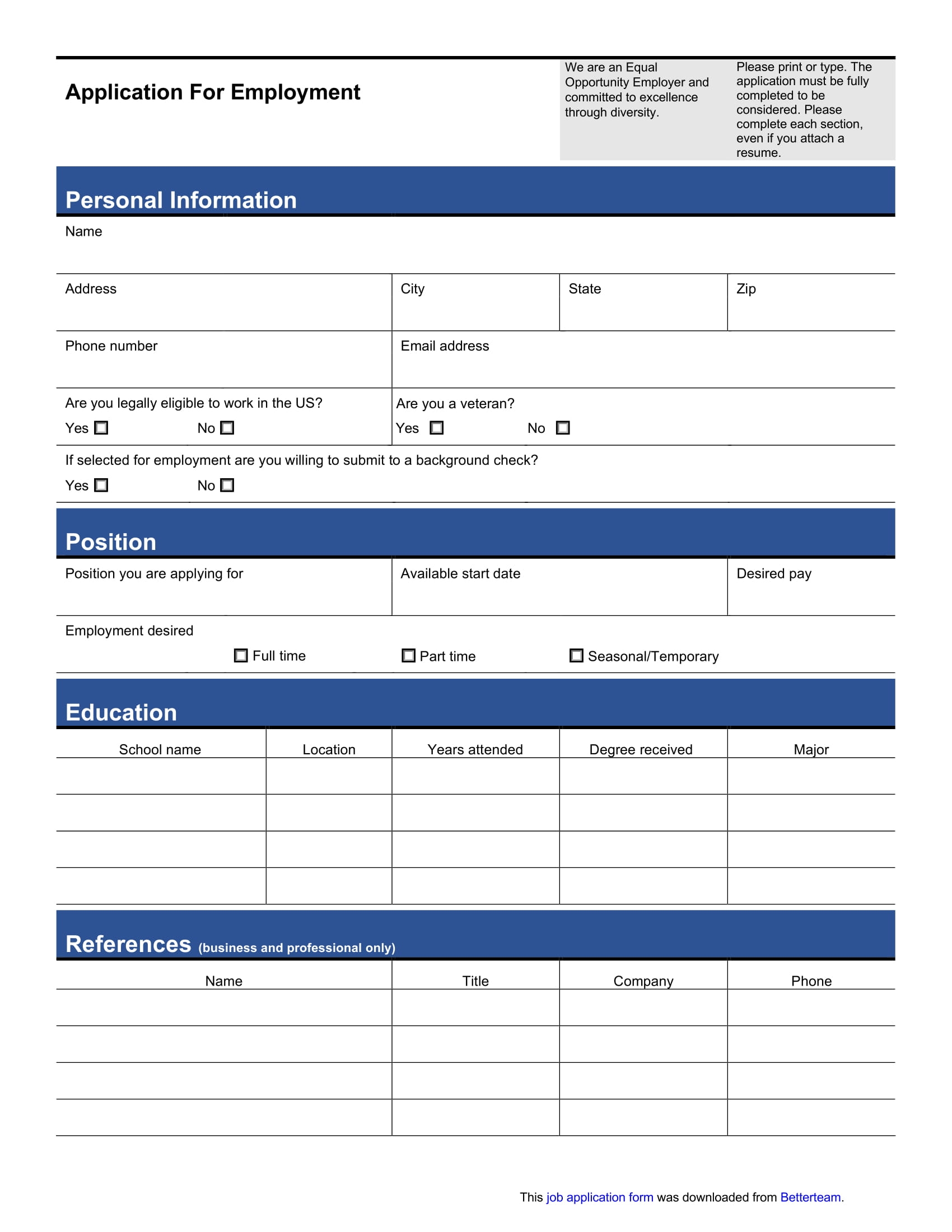 Application For Employment Form Free