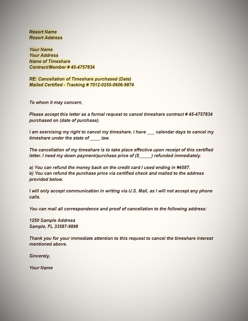 Letter To Cancel Timeshare Before Rescission Period