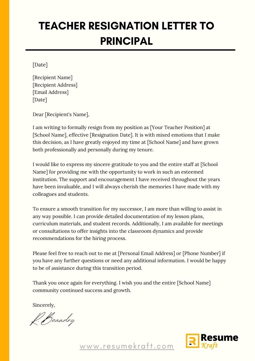 How To Write A Teacher Resignation Letter To Principal With Samples 2023 ResumeKraft