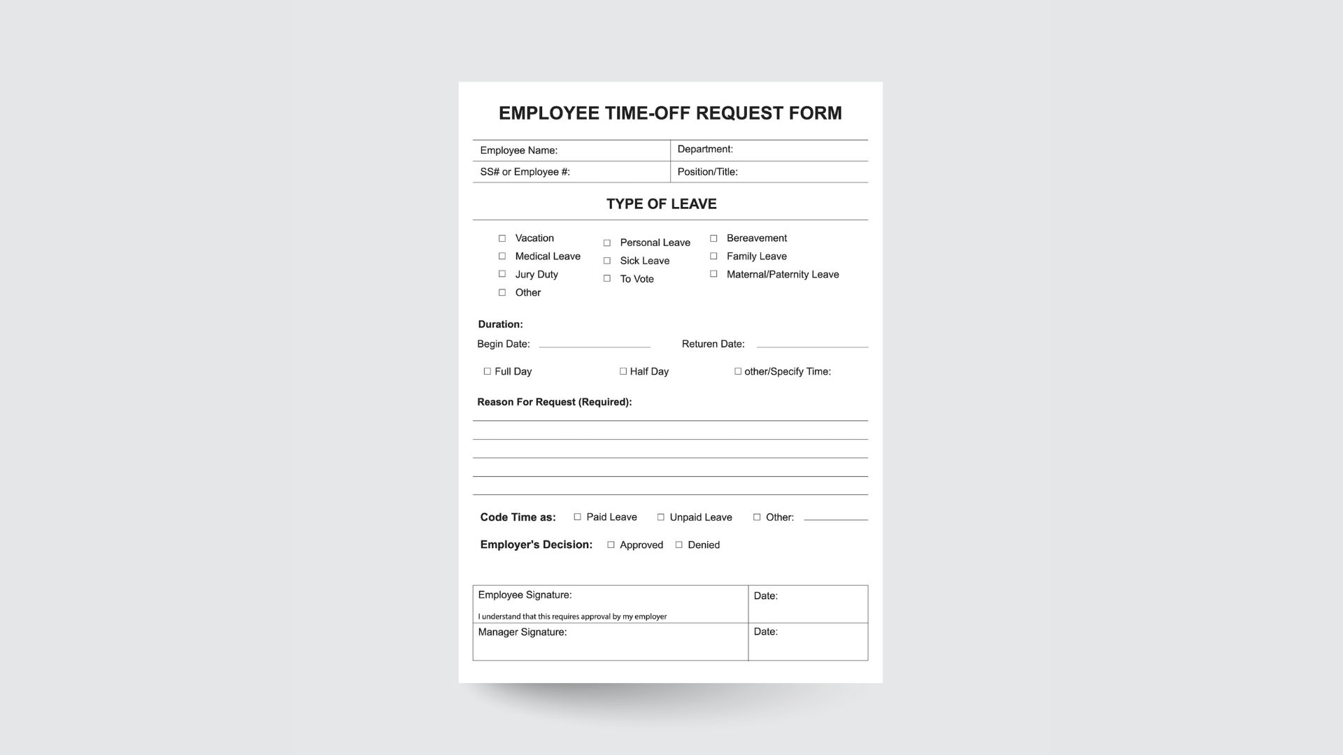 Employee Request For Time Off Form