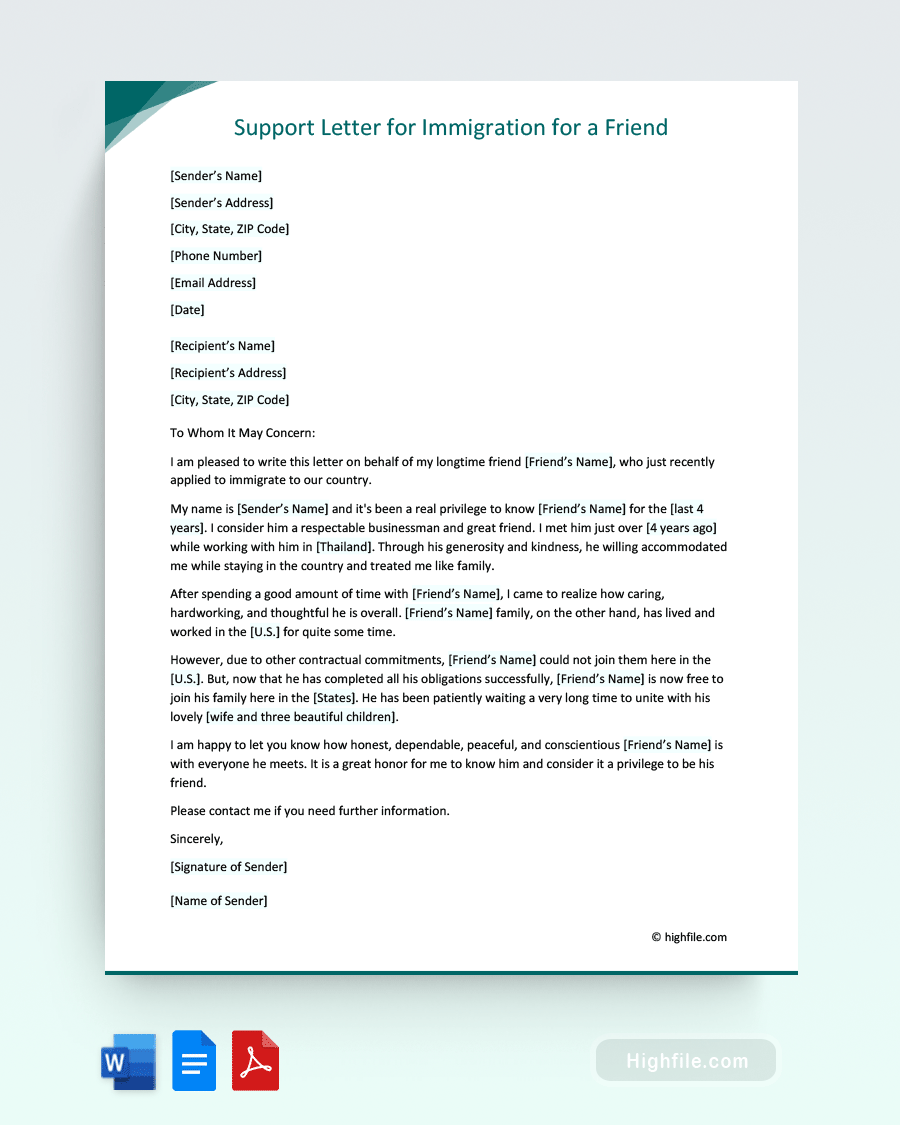 Immigration Letter For A Friend Word PDF Google Docs Highfile