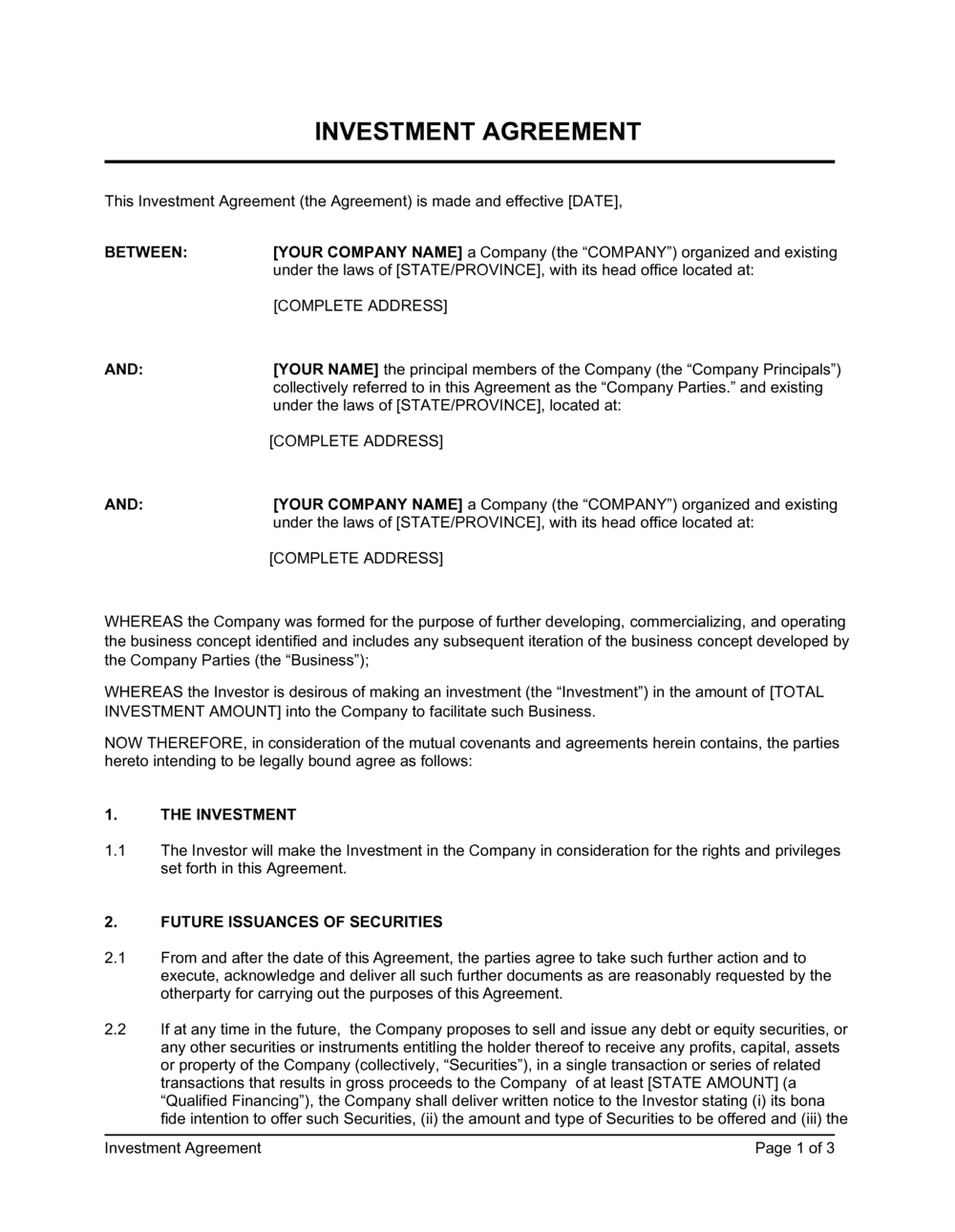 Simple Investment Agreement Doc Free