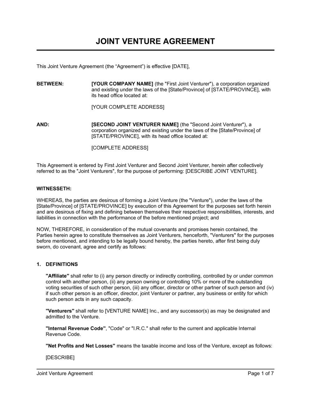 Joint Venture Agreement Word Format