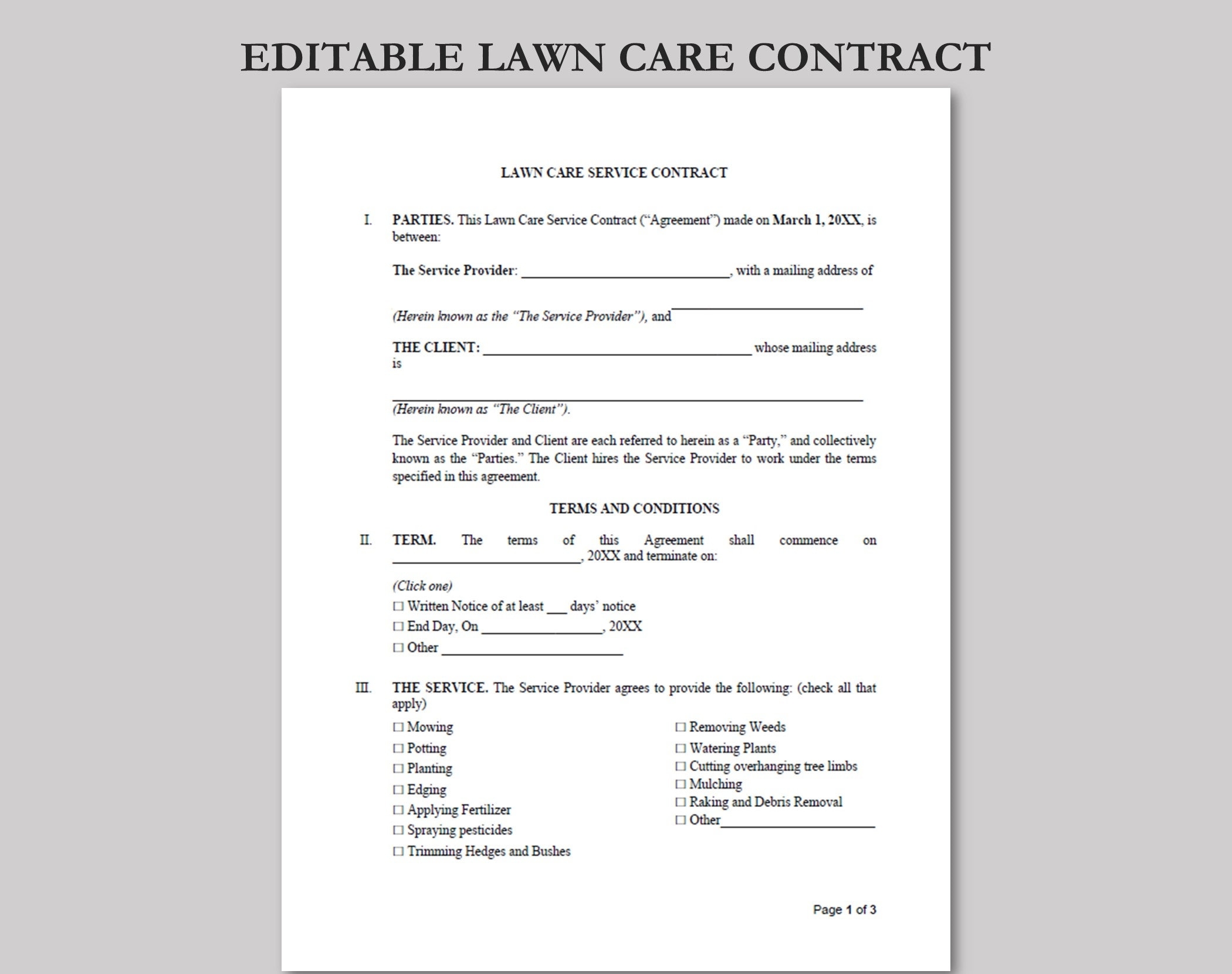 Lawn Care Agreement Service Contract Landscaping Contract Garden Care Agreement Agreement Template Instant Download Editable Template Etsy