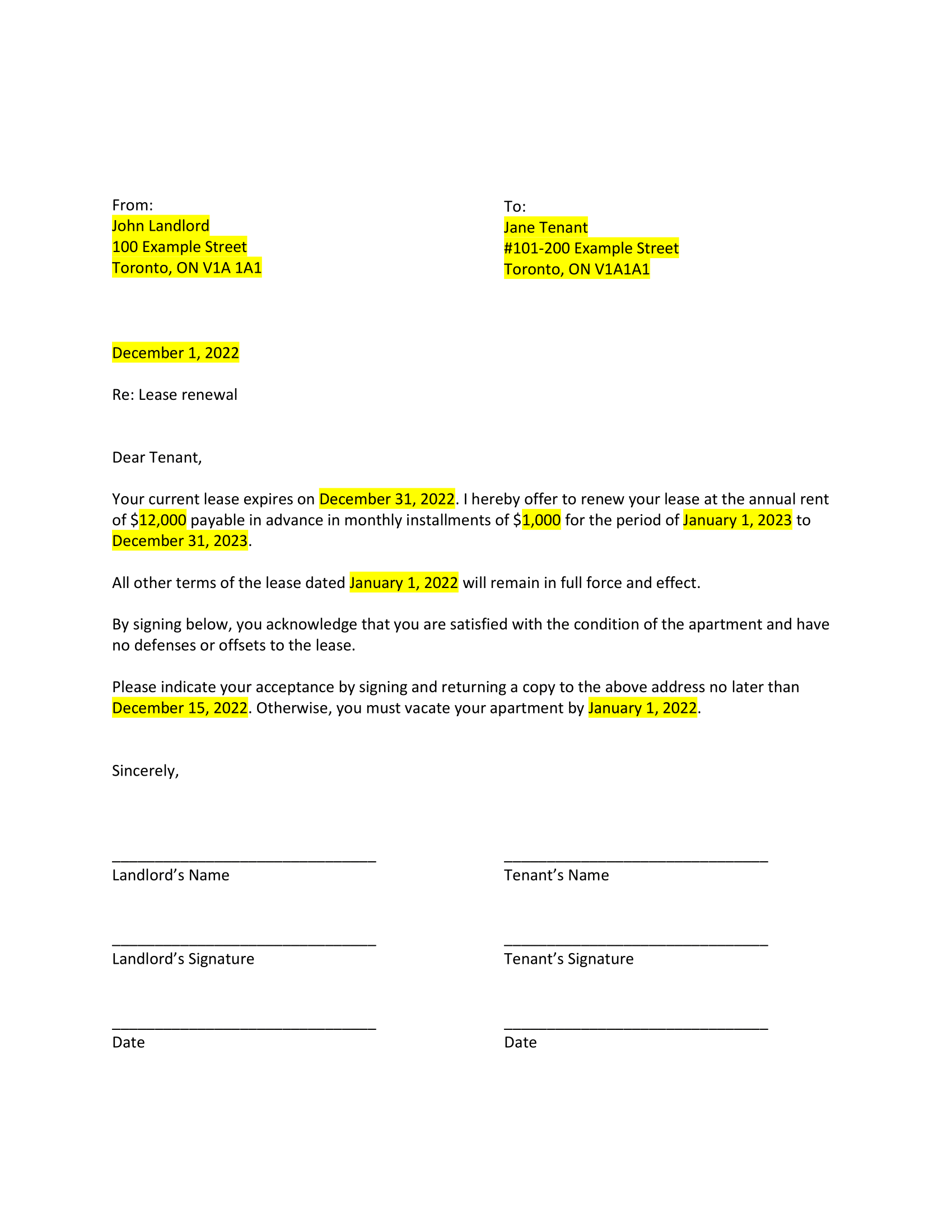 Lease Renewal Letter To Landlord