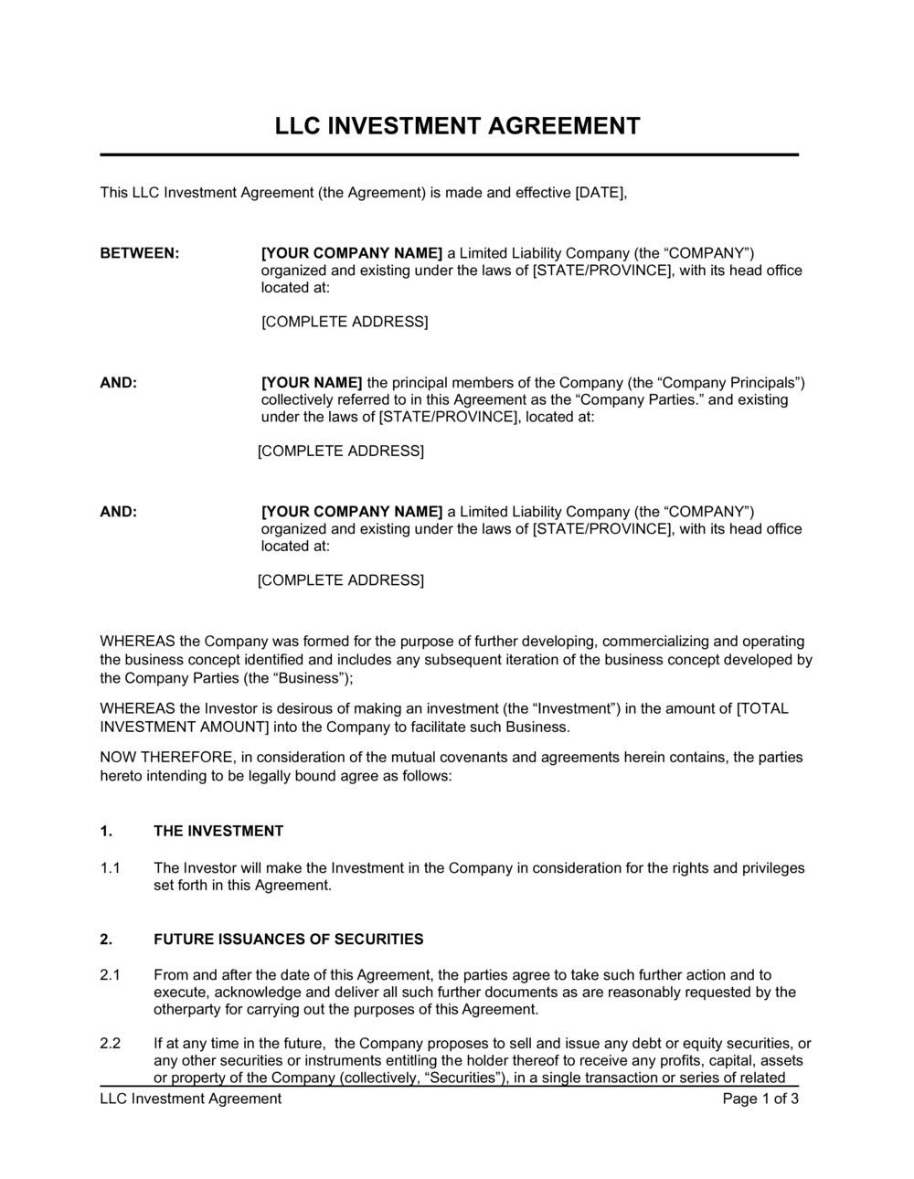 LLC Investment Agreement Template Business in a Box 
