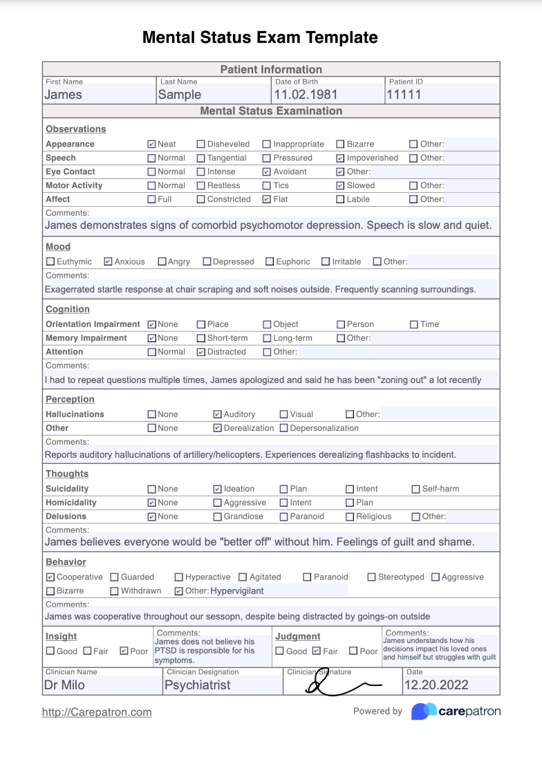 Mental Status Exam Template Example Free PDF Download