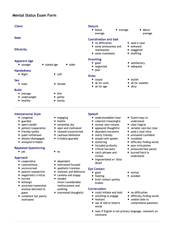 Mental Status Exam Template Fill Online Printable Fillable Blank PdfFiller