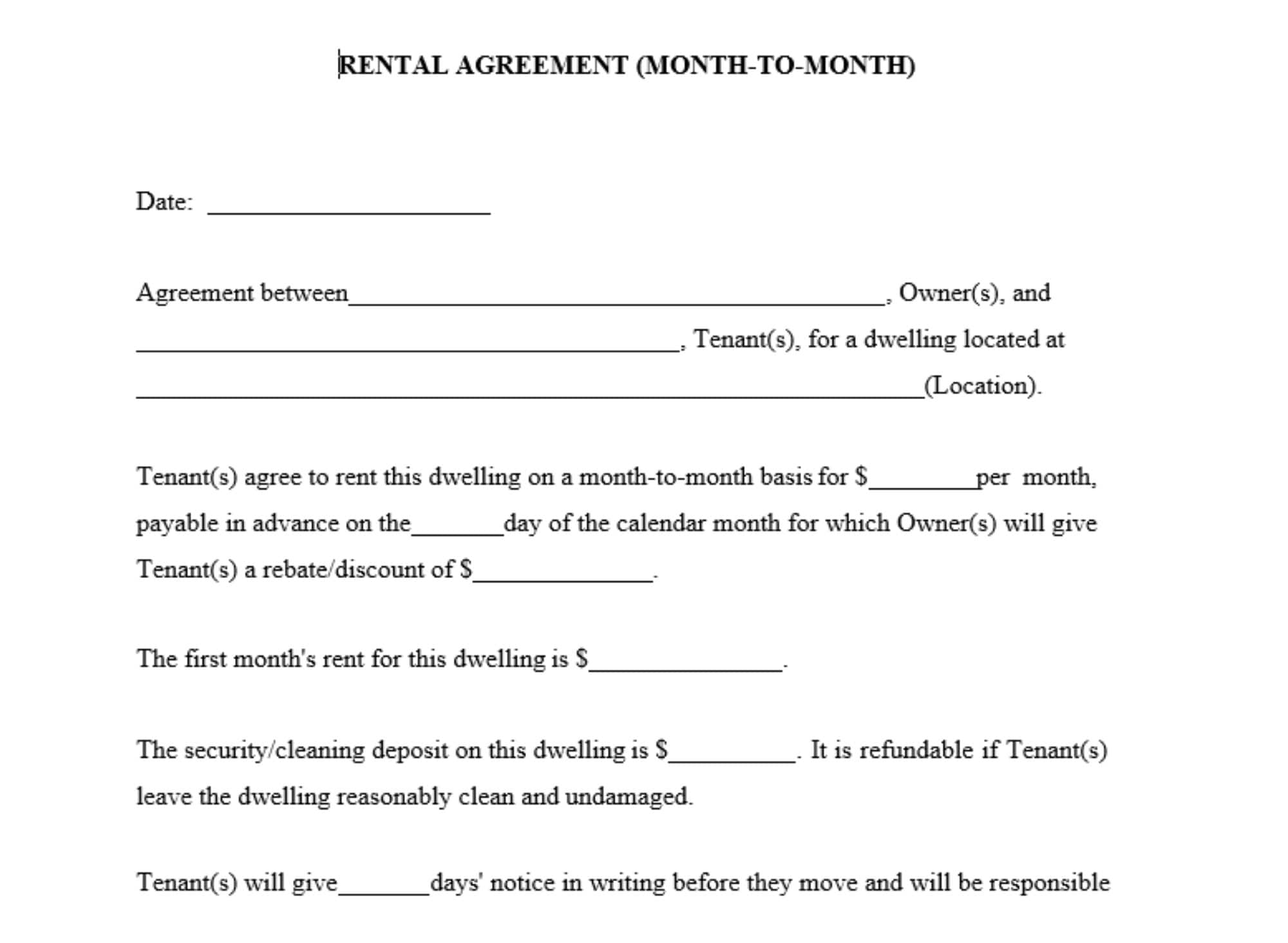 Month To Month Rental Agreement Forms