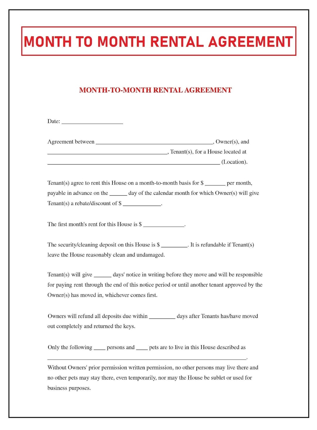 Month To Month Rental Agreement Monthly Rental Agreement Month To Month Lease Contract PDF File Available For Instant Download Etsy