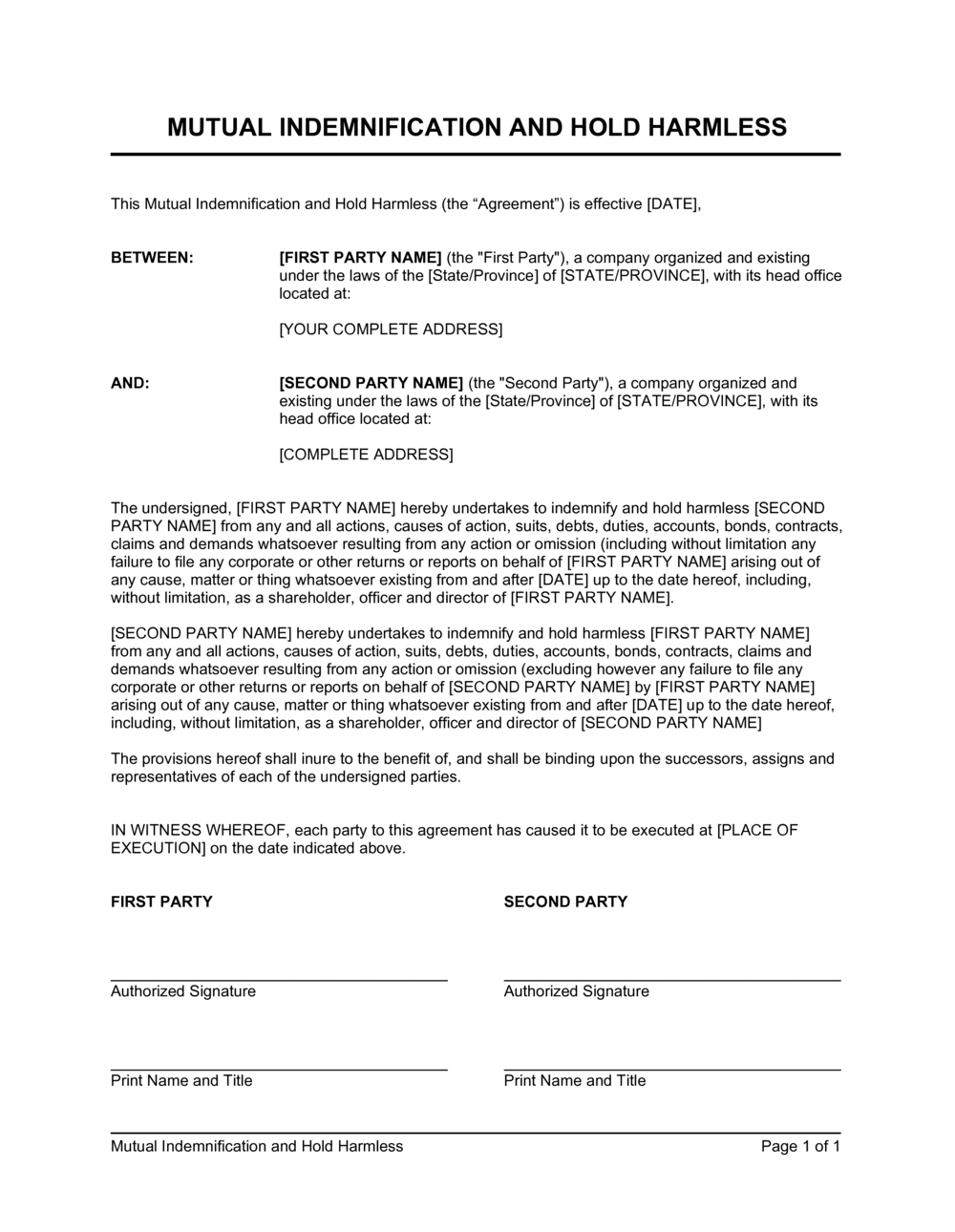 Free Hold Harmless Agreement Pdf