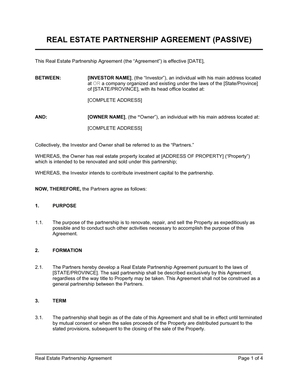 Passive Real Estate Partnership Agreement Template Business in a Box 