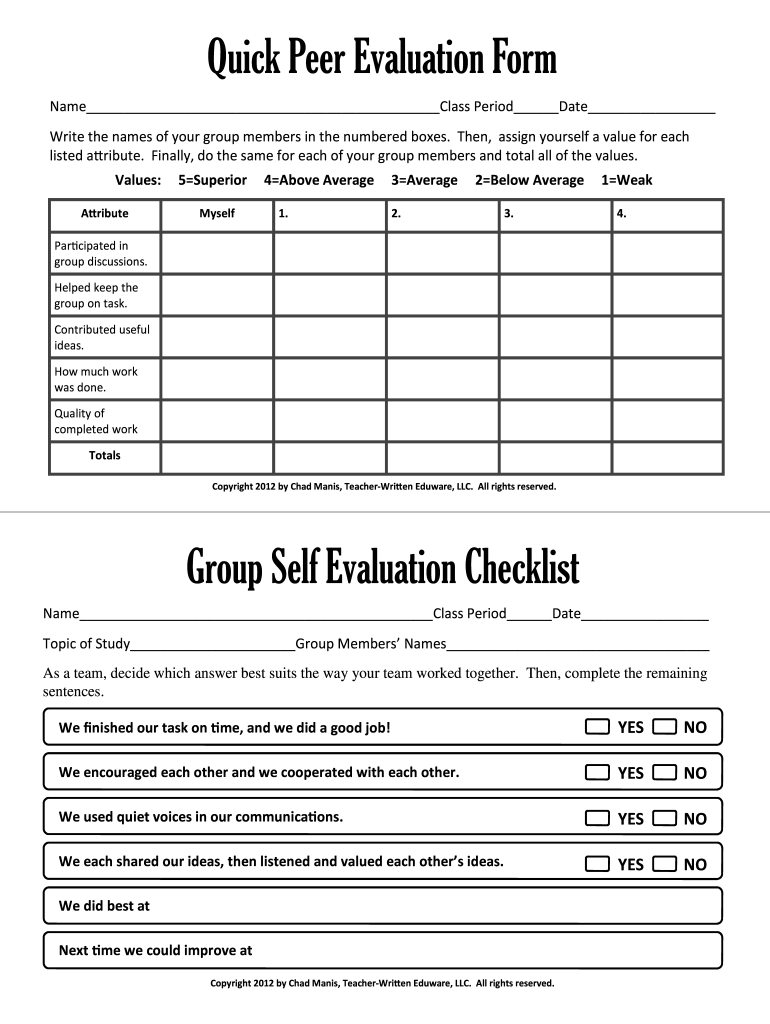 Peer Evaluation Form For Group Work