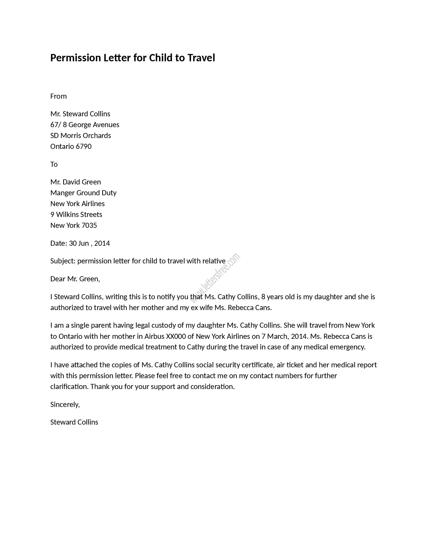 Permission Letter For Child To Travel Free Letters Lettering Letter Writing For Kids Formal Letter Writing