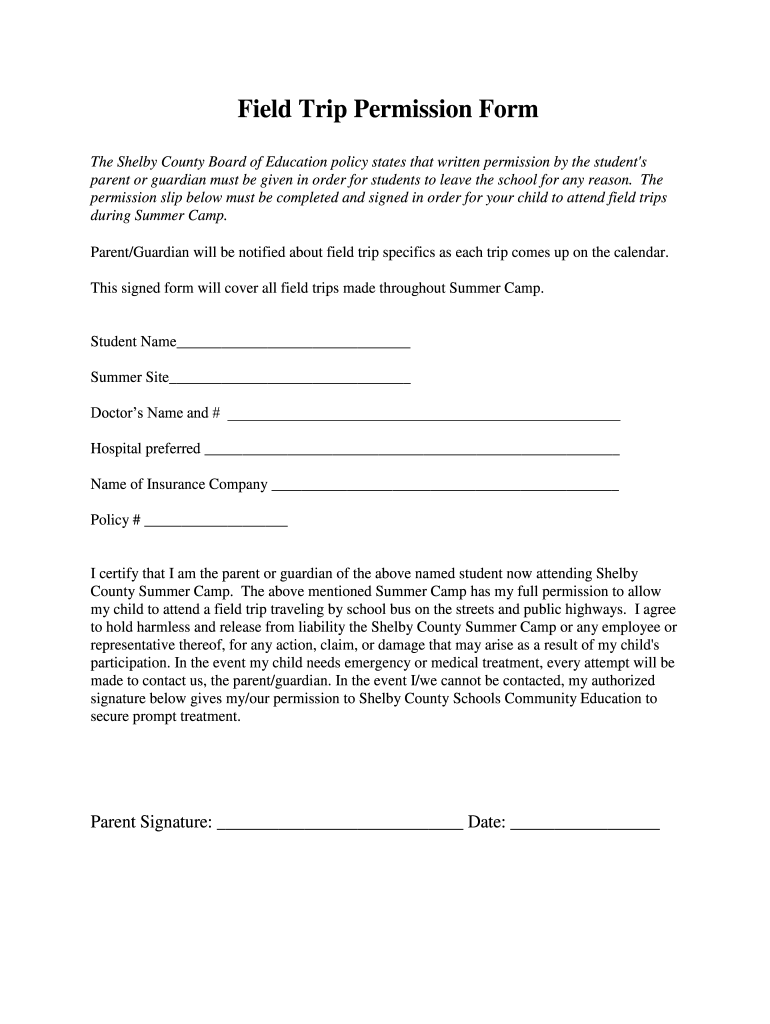 Field Trip Permission Slip Form