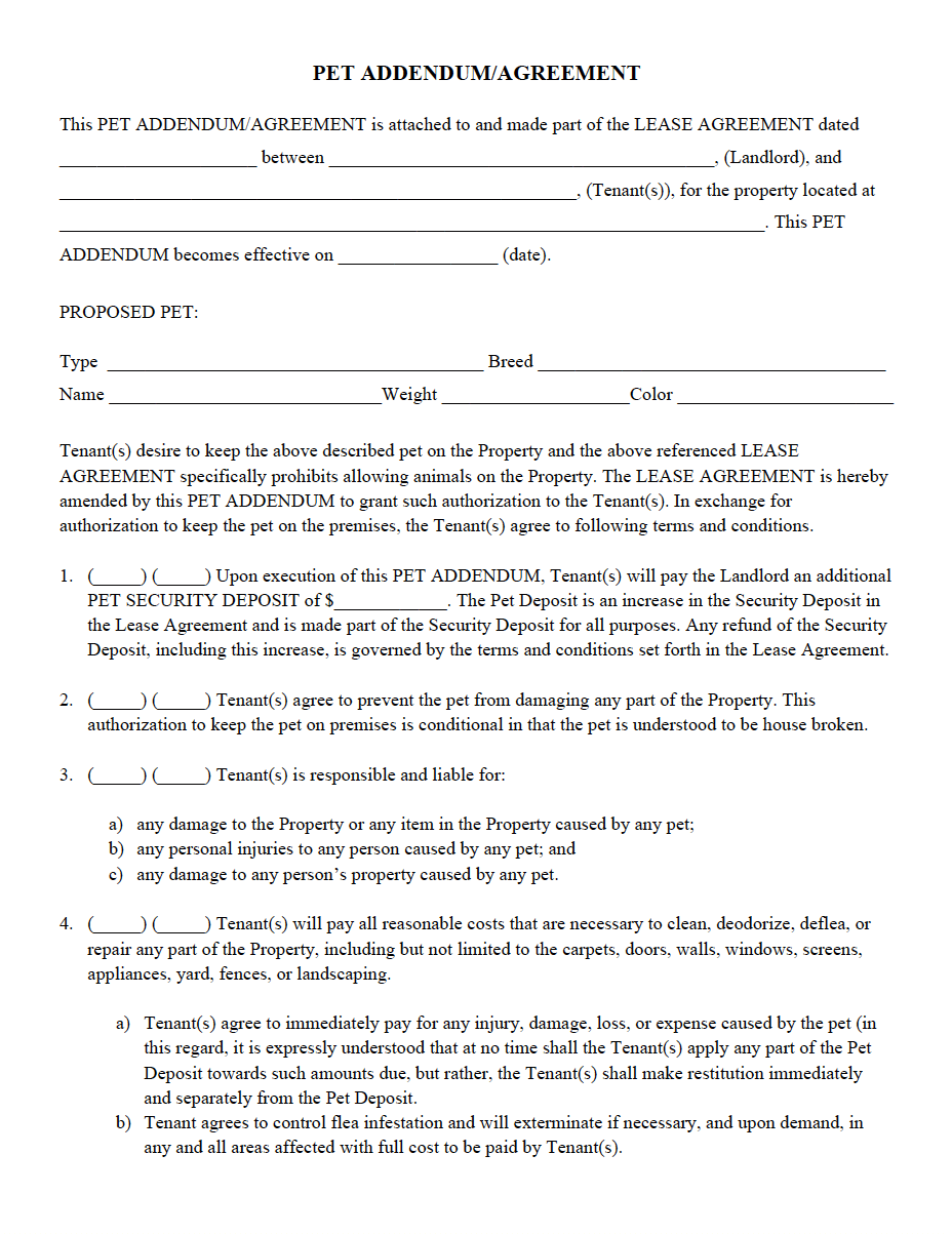 Pet Addendum To Rental Agreement