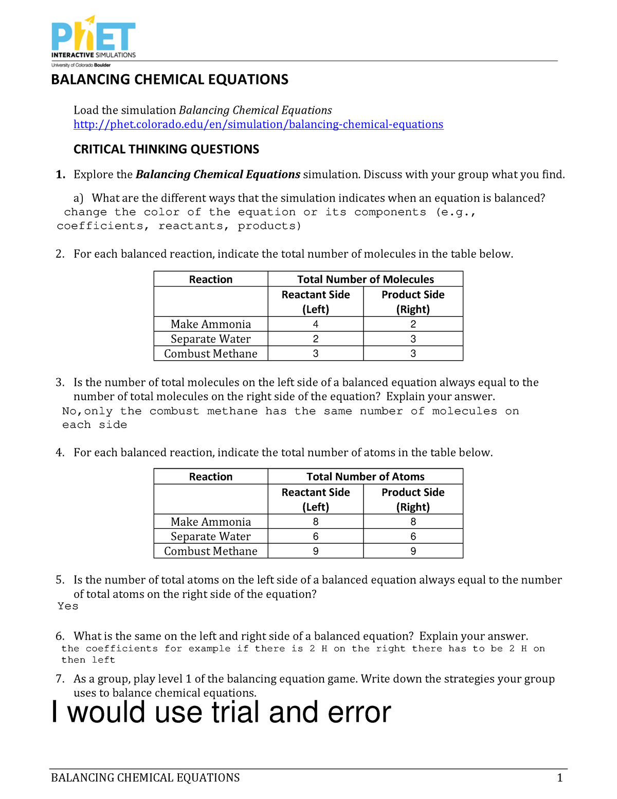 Ph ET Lab Balancing Chemical Equations Student Guide BALANCING CHEMICAL EQUATIONS 1 BALANCING Studocu