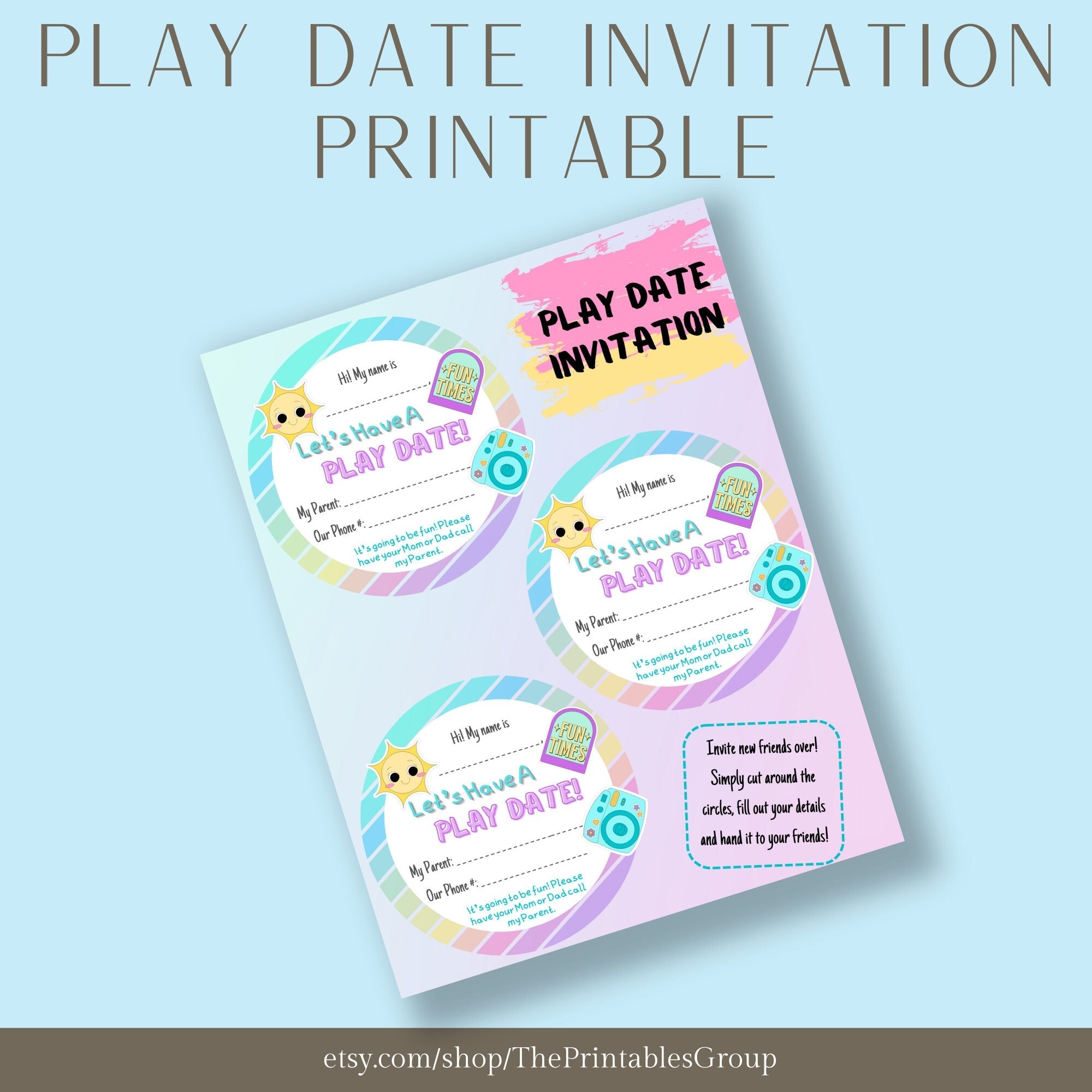 Play Date Invitation Printable Rainbow Pastel Play Date Cards Kids Playdate Cards Children s Playdate Care Business Card Template Etsy