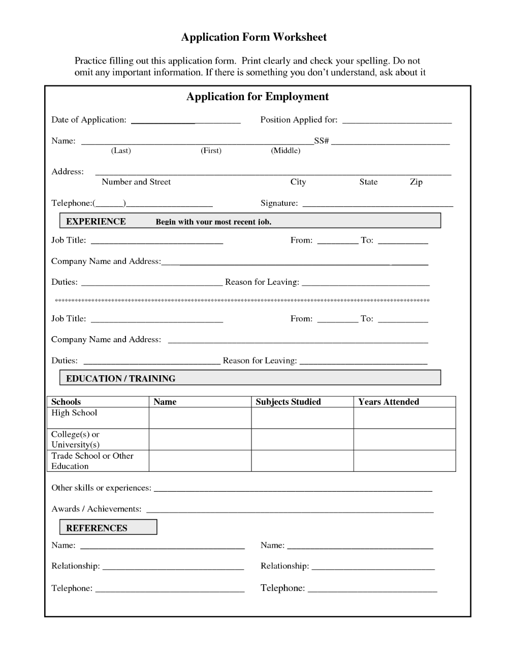 Job Application Forms To Print