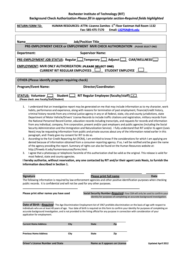 Pre Employment Background Check Authorization Form