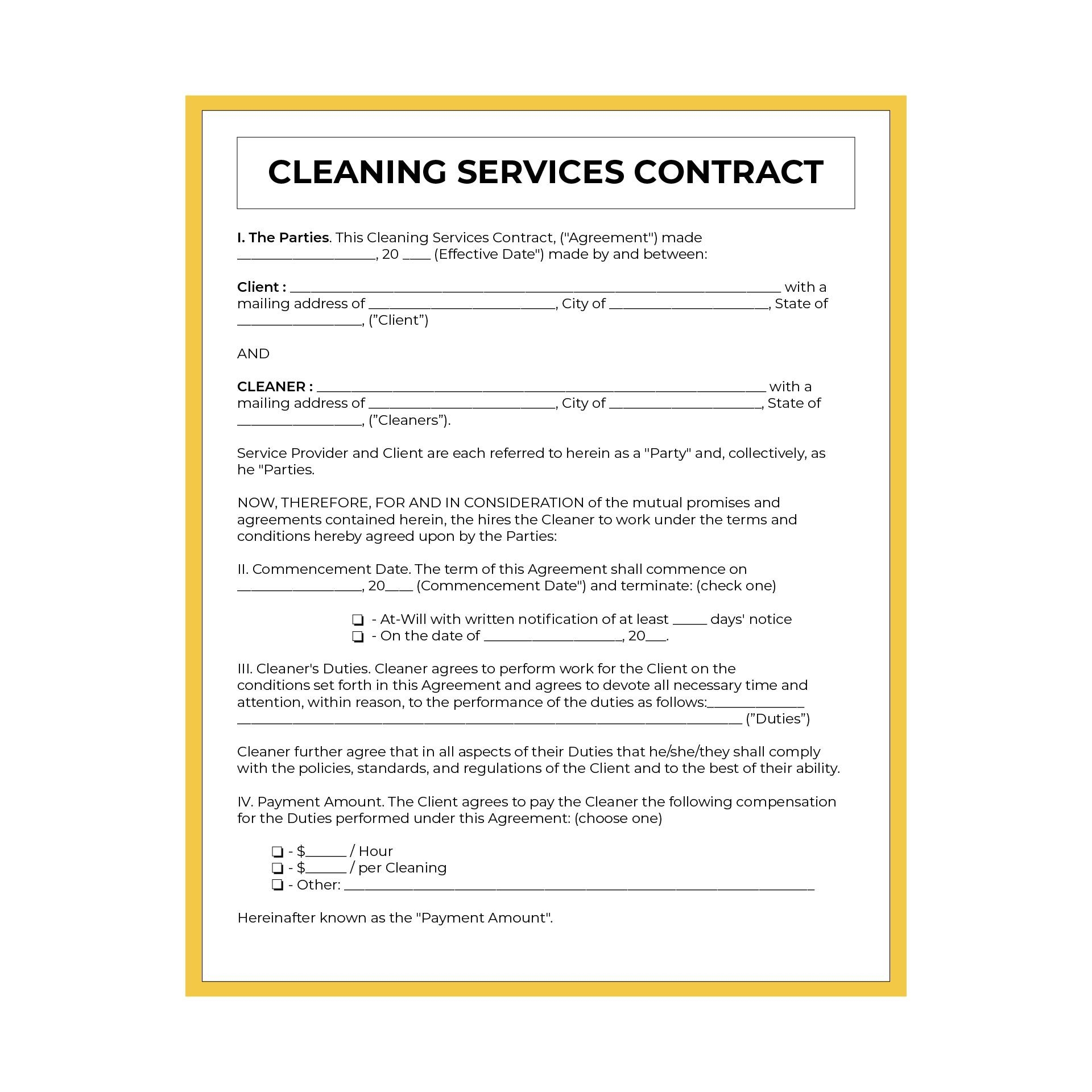 Pdf Printable Cleaning Contract Template