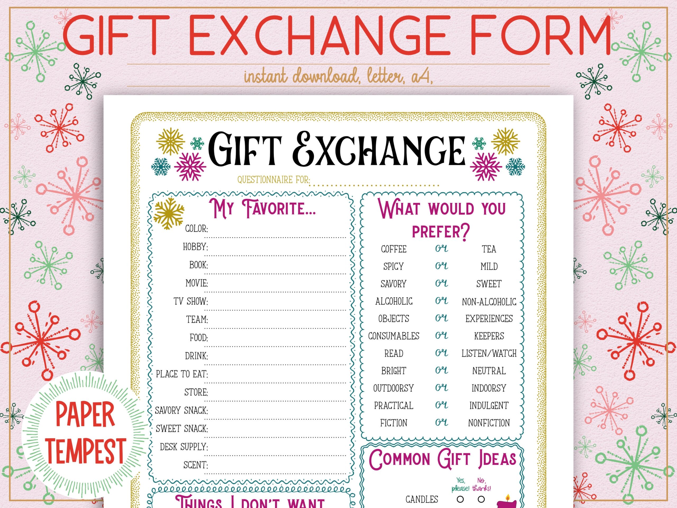 Printable Non denominational Gift Exchange Questionnaire Gift Template For Work Office Gift Survey Holiday Party Gift Exchange Wish List Etsy