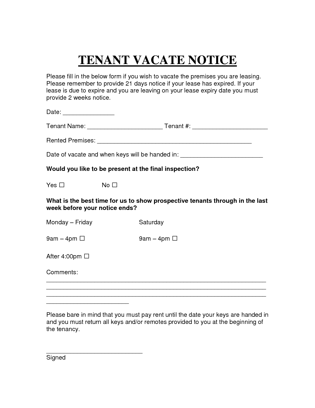 Free Notice To Vacate Form
