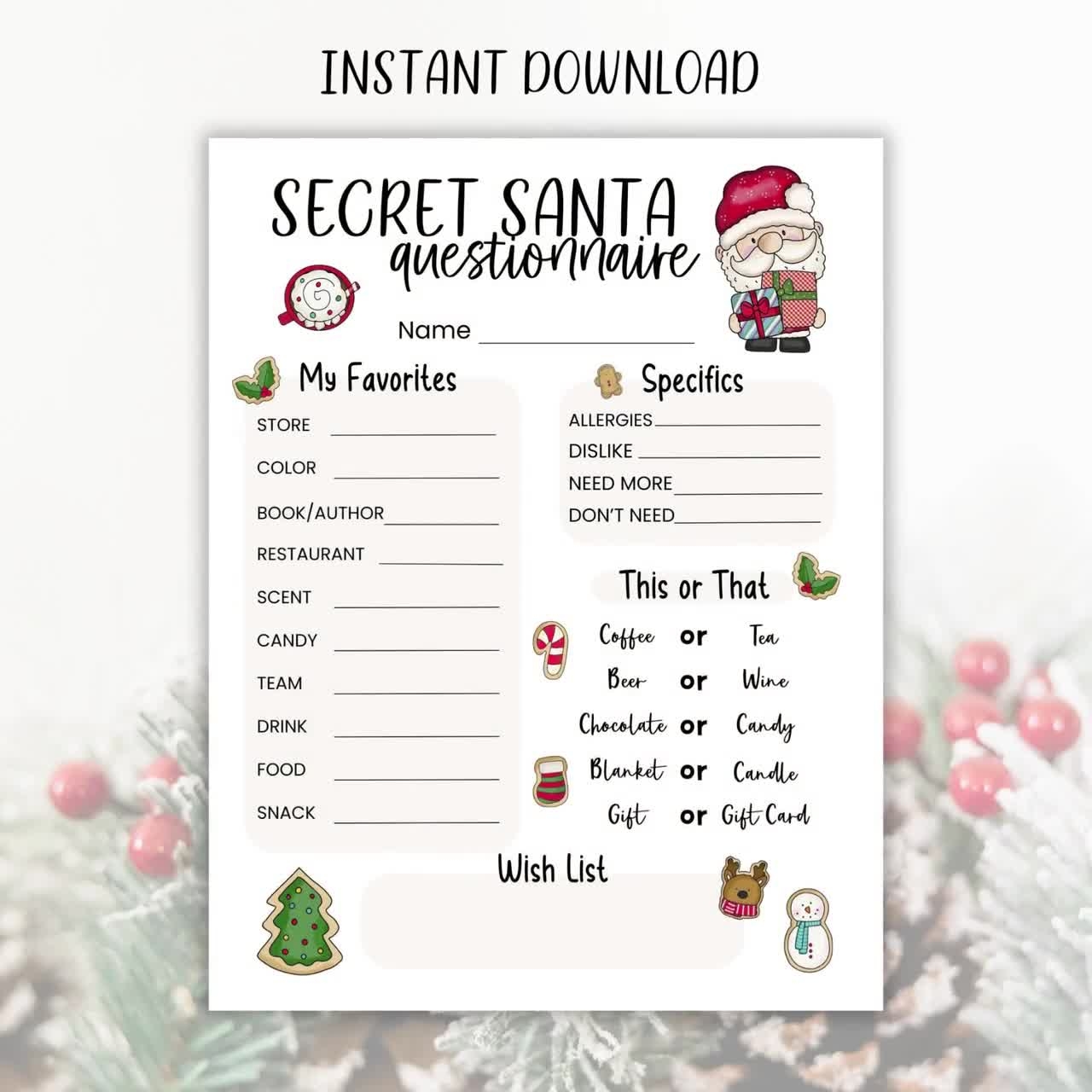 Printable Secret Santa Questionnaire Christmas Holiday Gift Exchange Questions Form For Work Office Coworkers Neighbors Friends PDF Etsy