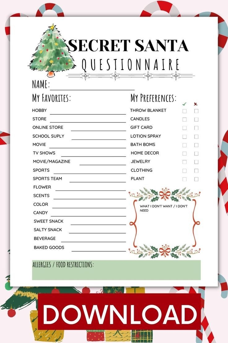 Printable Secret Santa Questionnaire For Christmas Gift Exchange Questions 5x7 Work Secret Santa Info Cards Secret Santa Christmas Wish List Etsy Canada Work Secret Santa Secret Santa Santa Wish List