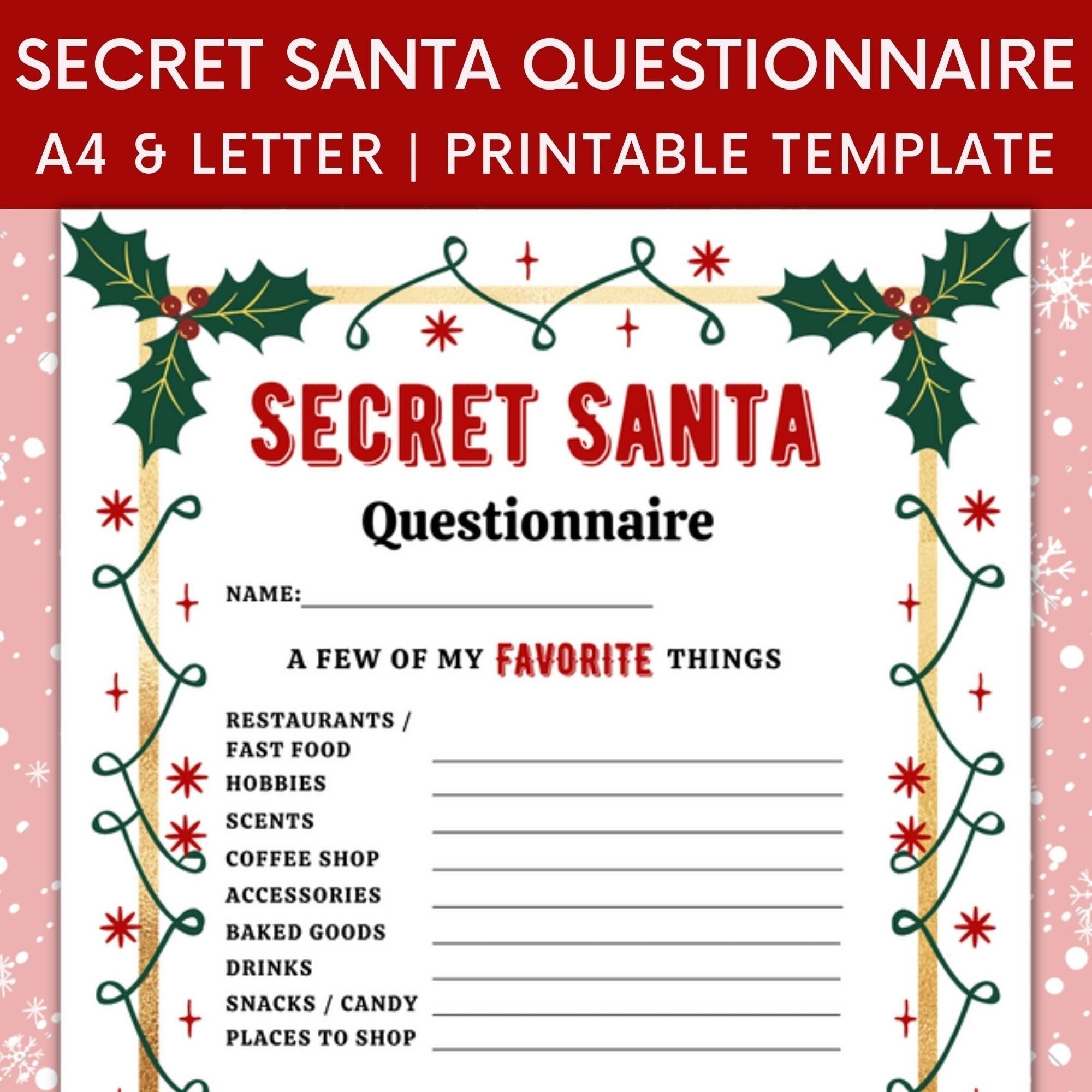 Printable Secret Santa Questionnaire For Christmas Gift Exchange Questions Work Secret Santa My Favorite Things Christmas Wish List Etsy