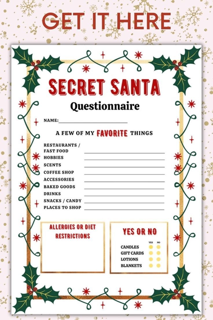 Printable Secret Santa Questionnaire For Christmas Gift Exchange Questions Work Secret Santa My Favorite Things Christmas Wish List Etsy Canada Work Secret Santa Secret Santa Secret Santa Questionnaire
