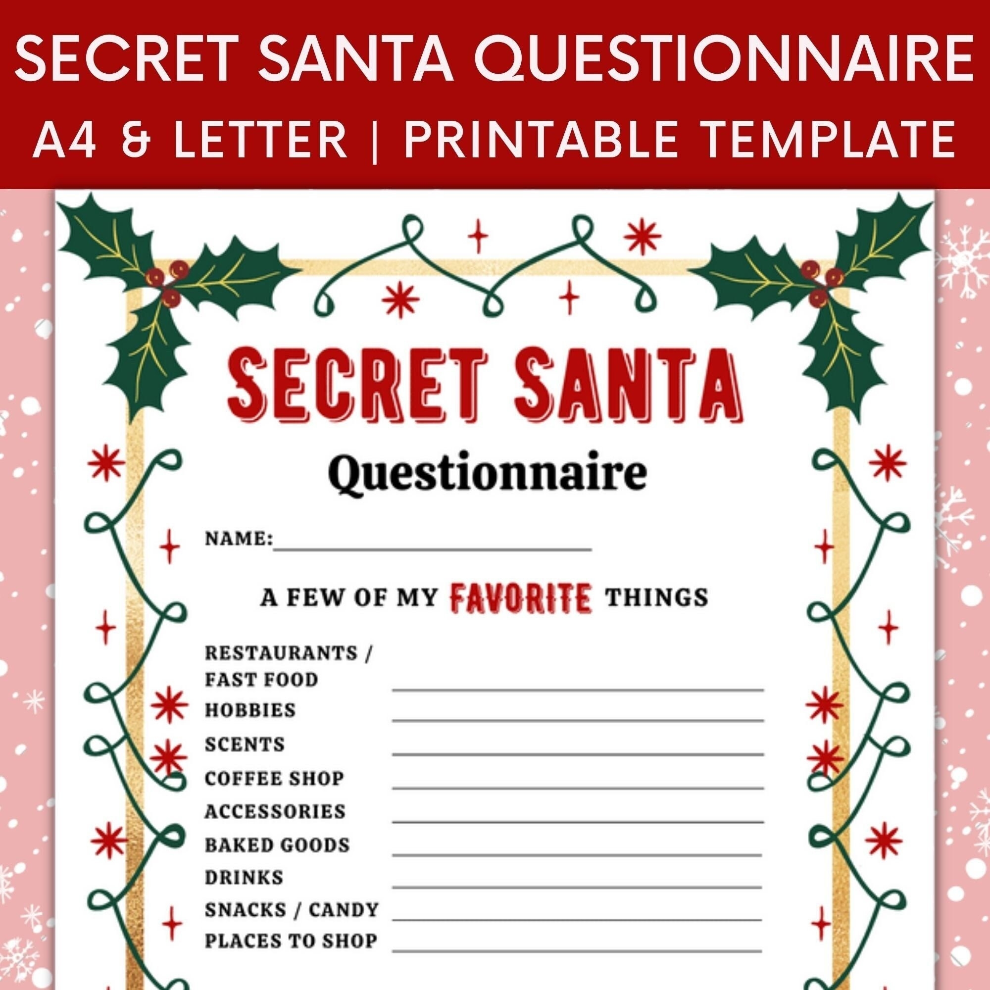 Printable Secret Santa Questionnaire For Christmas Gift Exchange Questions Work Secret Santa My Favorite Things Christmas Wish List Etsy