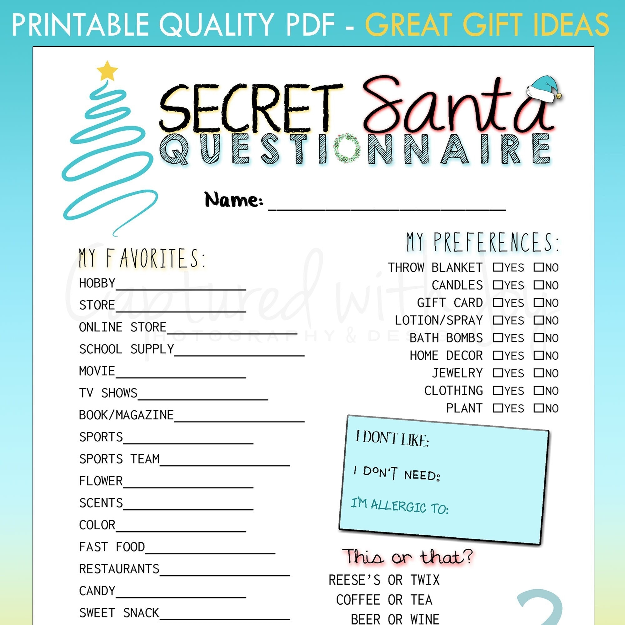 Printable Secret Santa Questionnaire For Gift Exchange Work Or Personal Etsy Israel