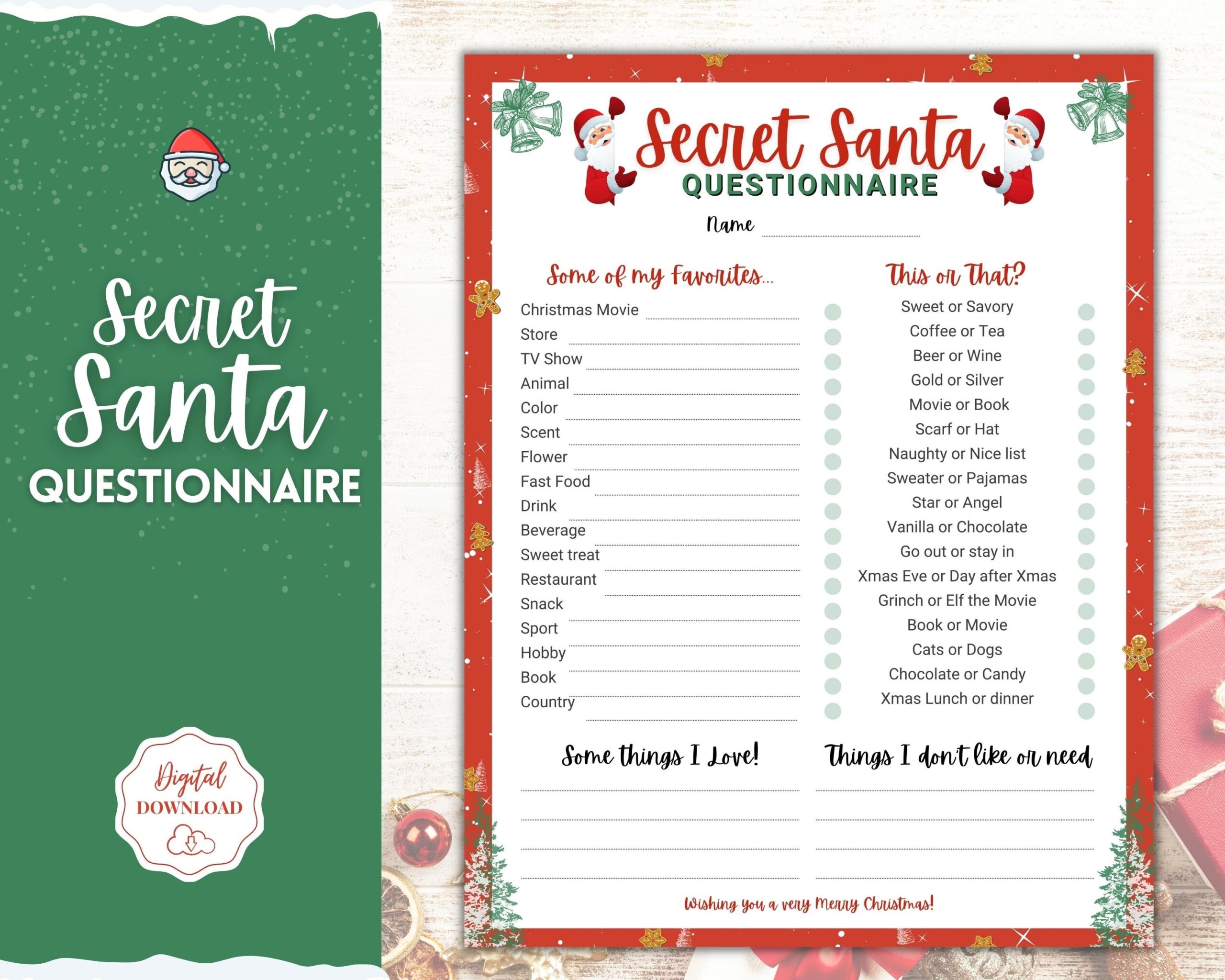 Printable Secret Santa Questionnaire Holiday Gift Exchange Form Work Or Personal Christmas Wish List Kids Adults Gift List Xmas Party Etsy Norway