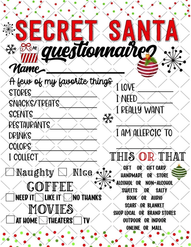 Secret Santa Questionnaire Free Pdf