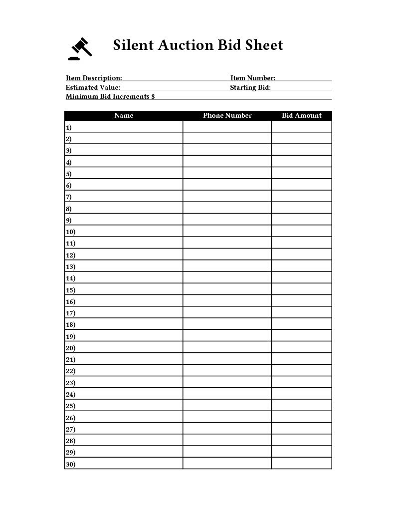 Silent Auction Bid Sheet Free