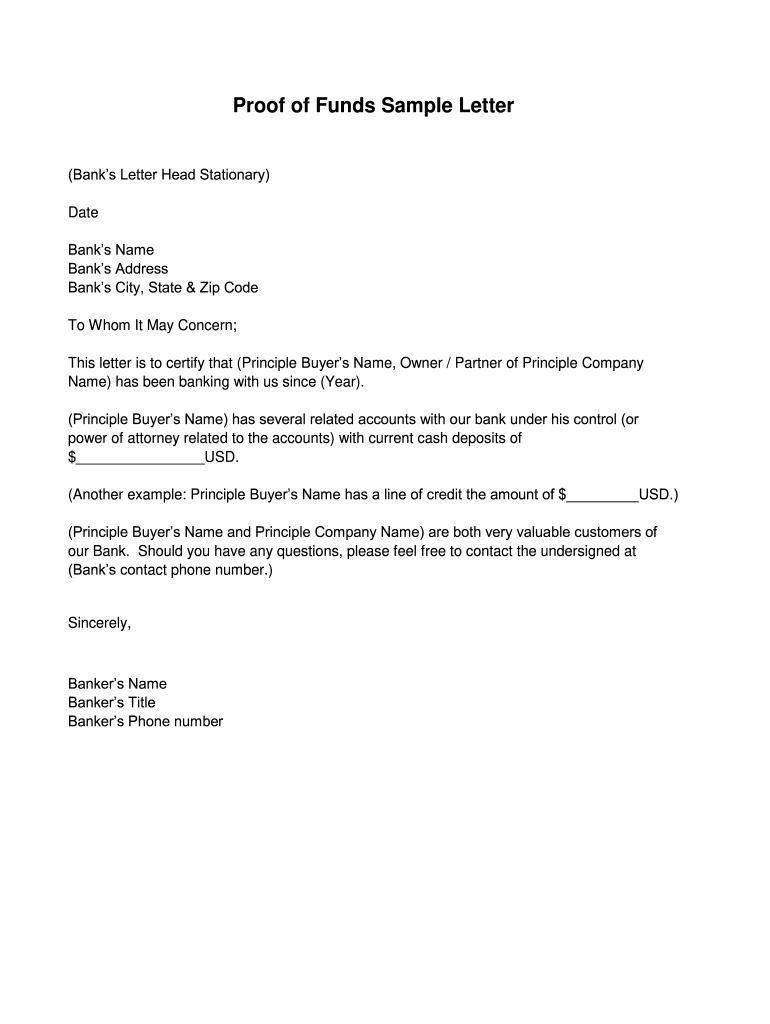 Proof Of Funds Letter Template Fill Online Printable Fillable Blank PdfFiller