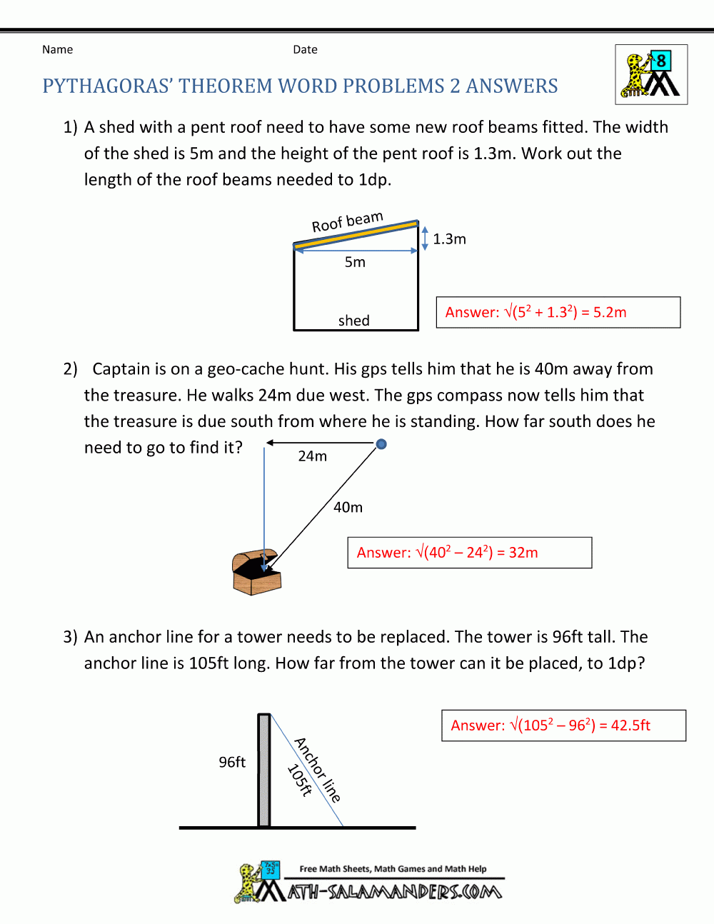 Pythagorean Theorem Word Problems Worksheet With Answers Pdf